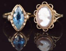 A 9ct gold ring set with a cameo and a 9ct gold ring set with paste, 7g, sizes N & P