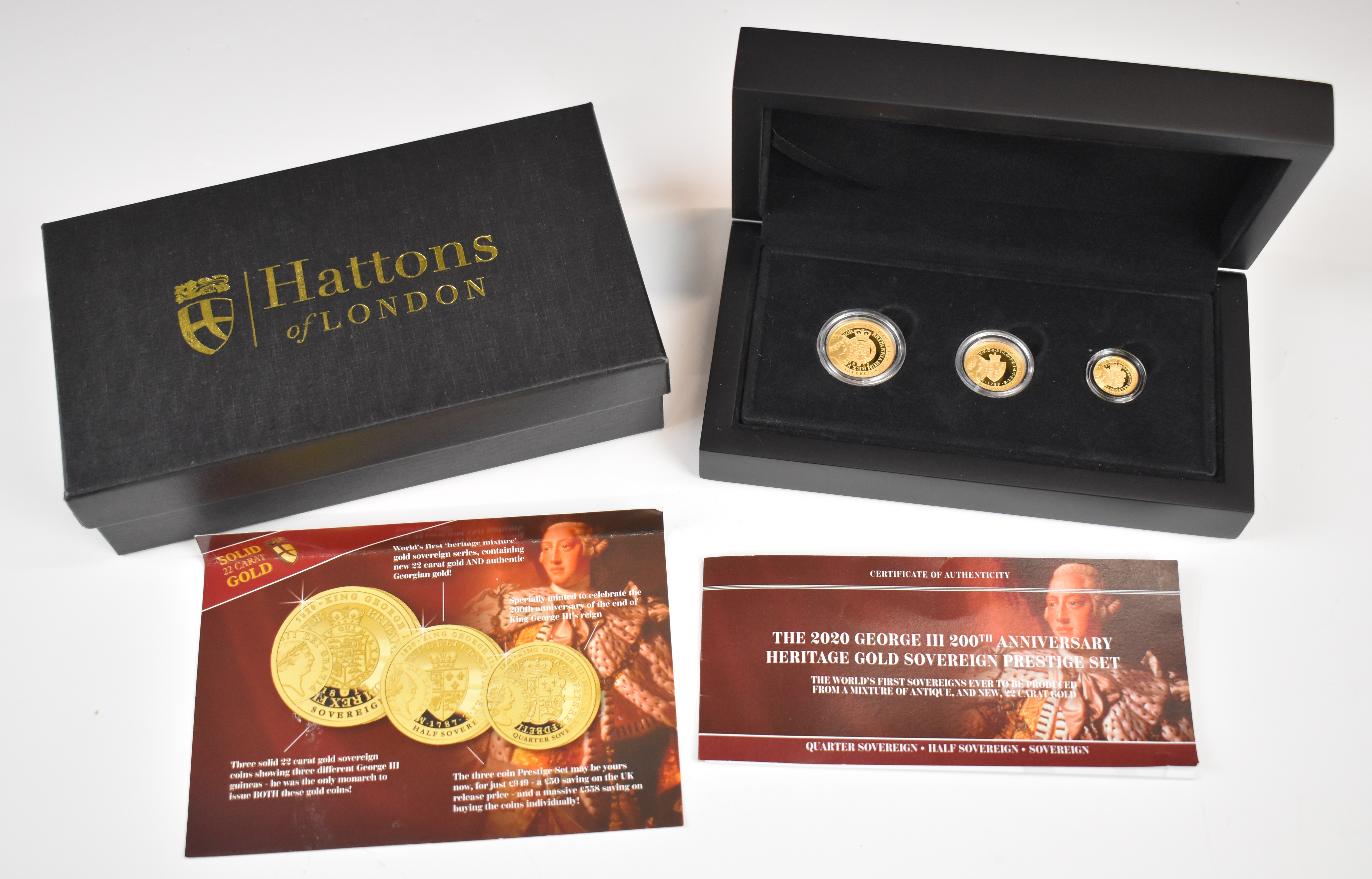 2020 Elizabeth II three coin set of gold proof sovereigns comprising quarter, half and full gold