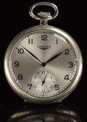Longines keyless winding open faced pocket watch with inset subsidiary seconds dial, blued hands,