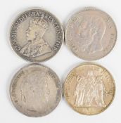 Four crown sized coins comprising Cyprus 1928 45 piastres, Louis and Leopold 1869 and 1931 5