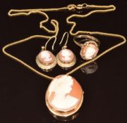 A suite of 9ct gold jewellery comprising brooch / pendant, ring and earrings set with cameos, 13.5g