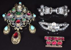 Georgian brooch set with foiled garnets, Victorian silver brooch, foiled paste brooch and an