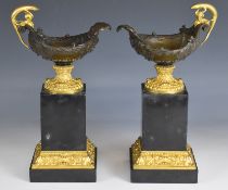 Pair of gilt metal, bronze and marble pedestal urns or jugs, the handles formed as lizards, height