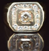 A 14k gold ring set with a round cut diamond of approximately 0.75ct surrounded by further diamonds,