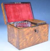 19th century probably Georgian satinwood tea caddy with mixing bowl and suspension loop handle,