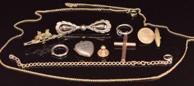 Victorian yellow metal brooch, Victorian 9ct gold cross pendant on engraved loop, two 9ct gold