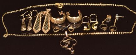 Six pairs of 9ct gold earrings and a 9ct gold Edwardian pendant set with garnets and seed pearls,