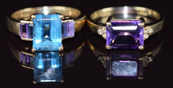 A 9ct gold ring set with an emerald cut amethyst (2.8g, size N) and a 9k gold ring set with topaz