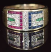 A 9k gold ring set with calibre cut sapphires, rubies and emeralds and round cut diamonds, 4.7g,