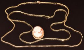 A 9ct gold necklace (7.3g, 46cm), 9ct gold pendant / brooch set with a cameo, on a yellow metal