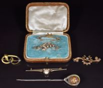 A 9ct gold brooch set with a pearl, Charles Horner serpent brooch, stick pin with reverse painted