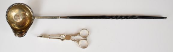 George II coin based silver whalebone handled toddy ladle, length 37cm, together with a pair of