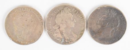 1696 William III crown, 1820 George III example and an 1821 George IIII crown, all About Fine
