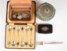 Cased set of hallmarked silver coffee bean spoons, hallmarked silver pickle fork, silver plated