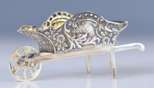 Edward VII hallmarked silver novelty miniature wheelbarrow with embossed decoration, Birmingham