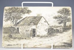 19th century scrimshaw panel depicting a cottage in a landscape with trees beyond, 13 x 21.5cm