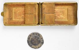Victorian Avery brass stamp case with Queen Victoria young head decoration in the form of a 1d stamp
