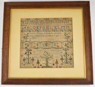 Georgian embroidery sampler by Dinah Cunningham aged 11 years in 1809, 28cm x 29cm. The family lived