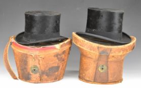 Two vintage top hats in leather cases, one Bissington, Leeds, aperture 19.5 x 15.5cm the other