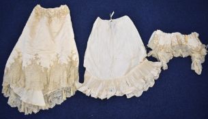 Edwardian satin skirt, petticoat and corset blouse, all with sequinned decoration and lace trim