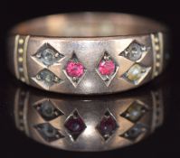 A 9ct gold ring set with paste and seed pearls (three pearls missing), 1.8g, size Q