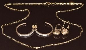 A pair of 9ct gold earrings set with diamonds, a pair of 9ct gold heart earrings and a 9ct gold