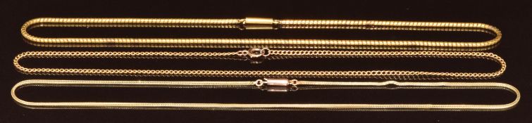 Two c1900 9ct gold chains and a Victorian yellow metal snake chain, 38cm
