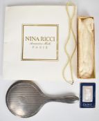Hallmarked silver mirror, Nina Ricci scarf and a Suisse 1 ounce fine silver ingot in sealed card
