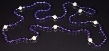 A beaded amethyst, cultured pearl and gold beaded necklace