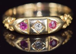 Victorian 18ct gold ring set with an old cut diamond and two rubies, Chester 1892, 3.1g, size R