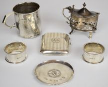 Hallmarked silver items comprising christening mug, pair of napkin rings, Silver Jubilee feature