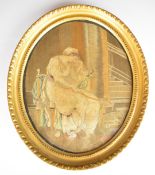 19th century needlework or tapestry picture of a lady seated in a hallway with stairs ascending