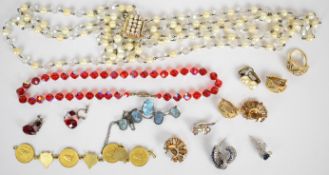 A collection of jewellery including silver necklace, Trifari earrings, silver brooch, etc