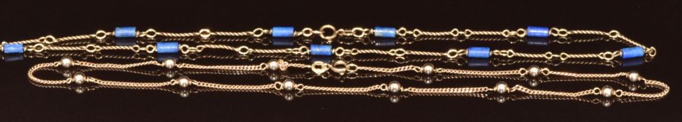 Two 9ct gold chains / necklaces, one set with lapis lazuli and the other with sphere decoration, 8.
