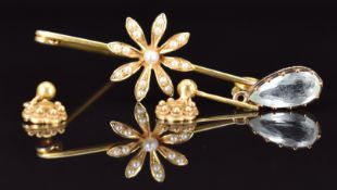 Edwardian 9ct gold brooch set with seed pearls, a pair of 9ct gold earrings and a 9ct gold