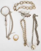 A 9ct gold ring set with three citrines (2.3g, size L), silver chains, silver brooch, two silver