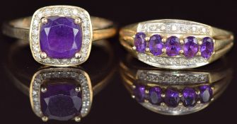 Two 9ct gold rings set with amethysts and diamonds, 6g, sizes T & U