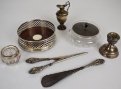 Hallmarked silver mounted items comprising wine bottle coaster Birmingham 1995, maker W I Broadway &