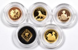 Five Elizabeth II ⅛ sovereign gold coins, all in capsules and Hattons of London boxes