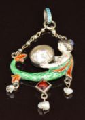 Austro-Hungarian silver pendant in the form of a mermaid set with enamel and pearls, 10.7g, 3 x 5cm
