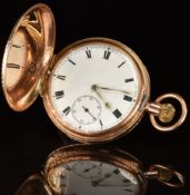 Moeris 9ct gold keyless winding full hunter pocket watch with subsidiary seconds dial, gold hands,