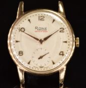 Rone Seventeen 9ct gold gentleman's wristwatch with inset subsidiary seconds dial, gold hands,
