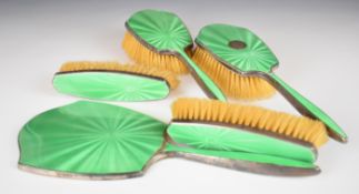 Art Deco hallmarked silver and green guilloché enamel dressing table set comprising hand mirror