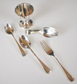 Hallmarked silver egg cup, two hallmarked silver teaspoons, hallmarked silver baby's spoon and a
