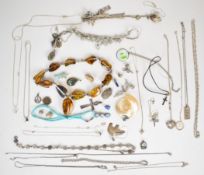 A collection of silver necklaces / pendants including daisy link, turquoise Mackintosh style,