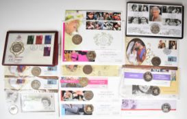 Fifteen coin / stamp first day covers containing crown sized coins to include Queen Elizabeth II,
