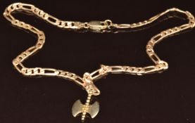 A 9ct gold curb link chain (14.9g, 40cm) with 14k gold pendant in the form of an axe (2.2g)