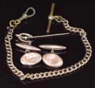 A 9ct gold fob chain (5.5g), pair of 9ct rose gold cufflinks (3.3g), and a 9ct gold stick pin in the