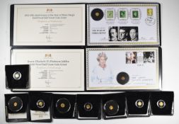 Ten 24 carat miniature gold coins, 0.5g and all with certificates, two in covers, including