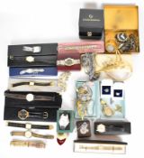 A collection of costume jewellery including Timex and Smiths watches, diamanté necklaces, filigree